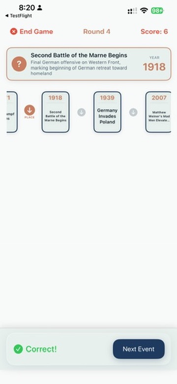 Sorting History gameplay — event correctly placed on the growing timeline