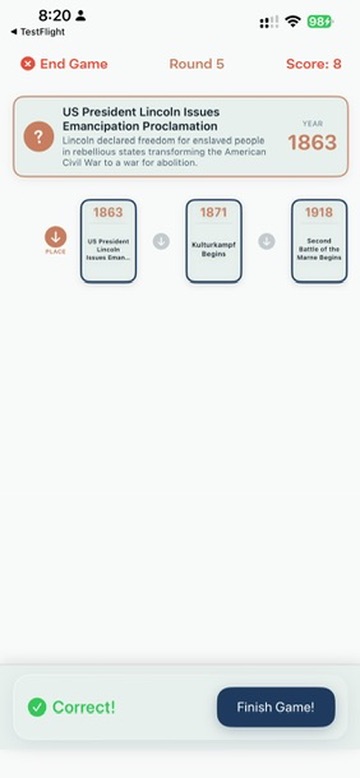 Sorting History end of game with events sorted on the timeline