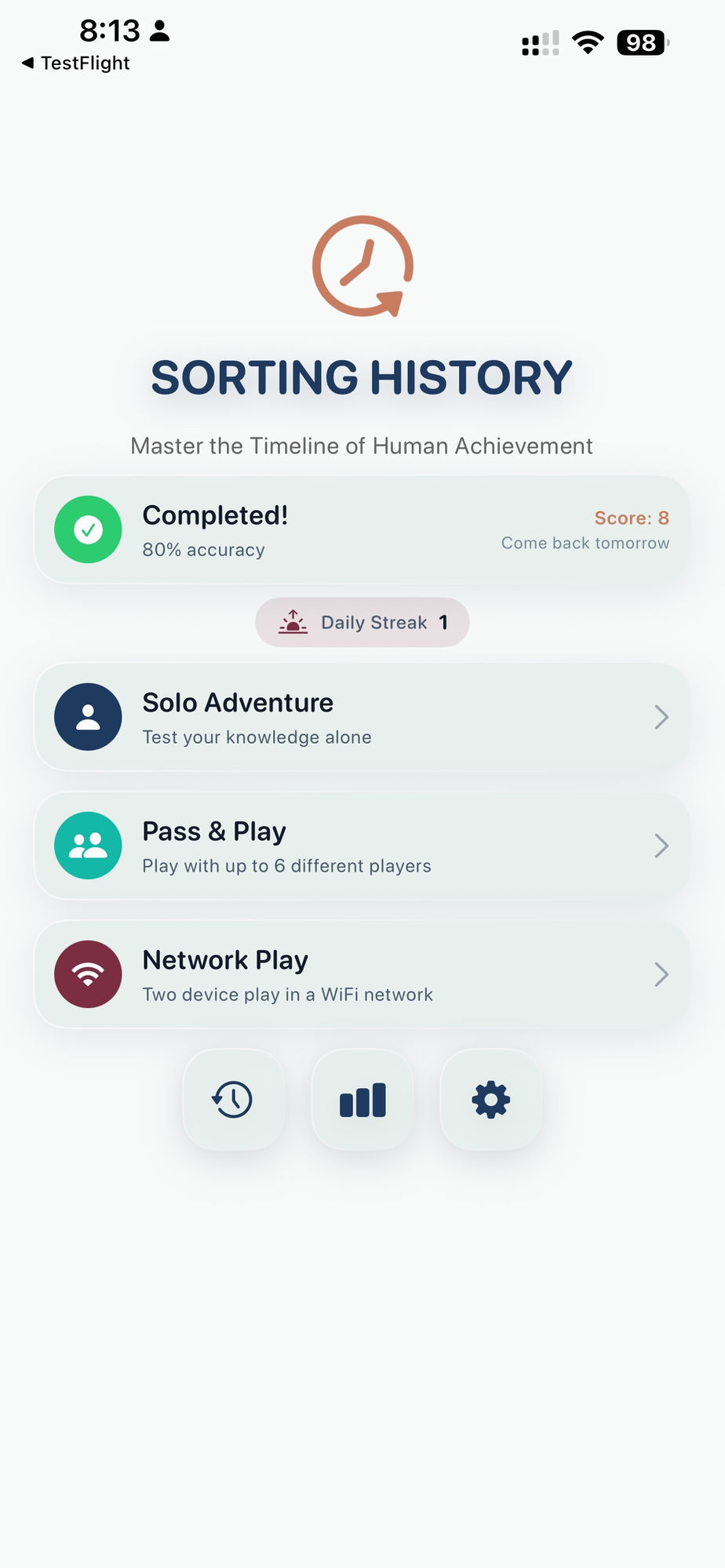 Sorting History main menu showing Daily Challenge, Solo Adventure, Pass & Play, and Network Play modes