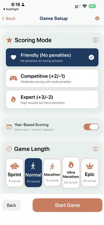 Sorting History scoring modes — Friendly, Competitive, and Expert — and game length options from Sprint to Epic