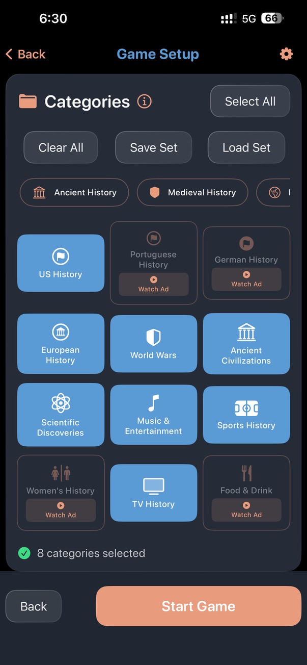 Category selection grid showing history categories with icons