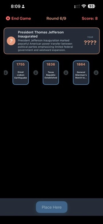 Timeline gameplay showing a historical event card being placed on the timeline