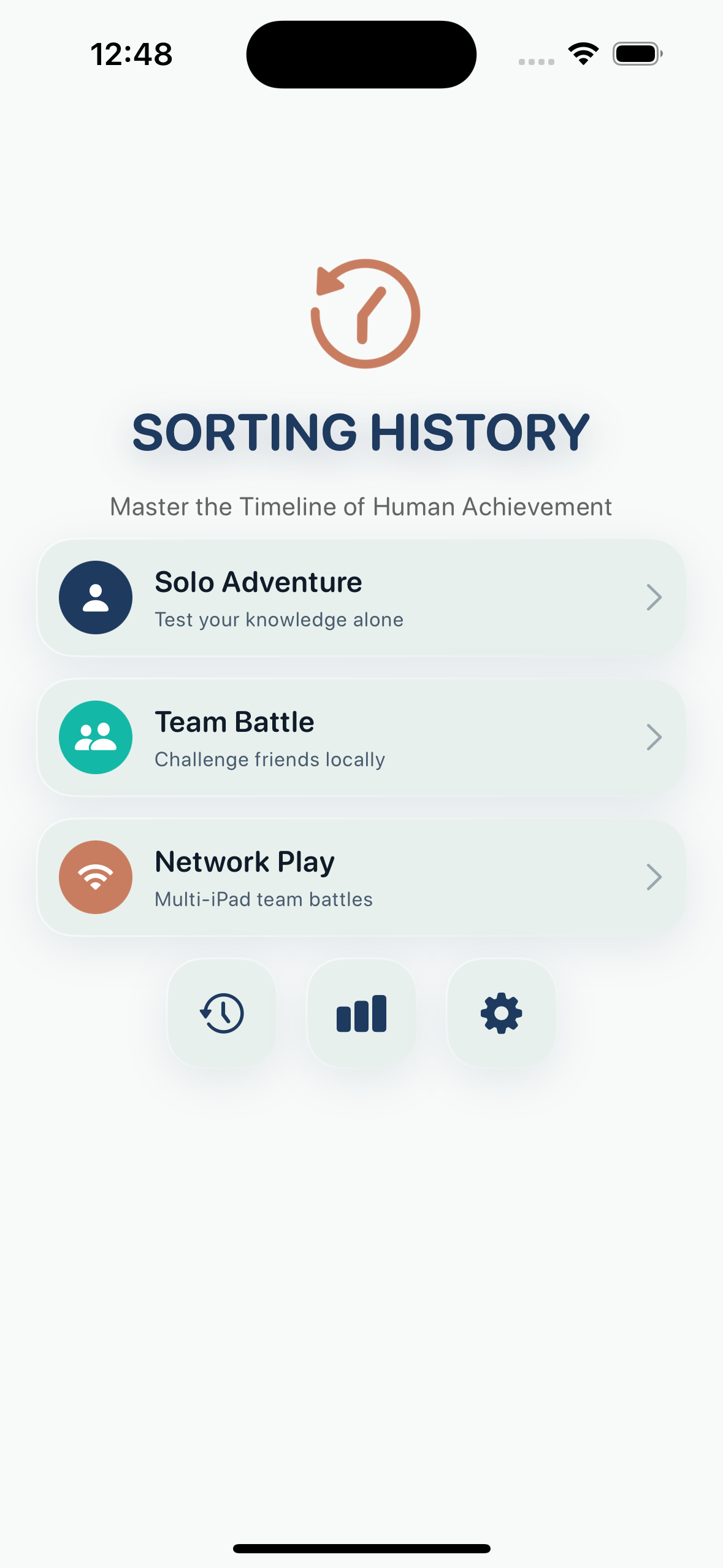 Sorting History game screenshot showing main menu with Solo Adventure, Pass & Play, and Network Play options